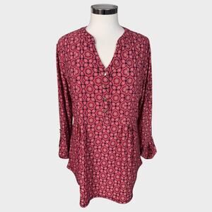 Dressbarn Large Tunic top Pink Blue Pattern Polyester Spandex Roll Tab Sleeves